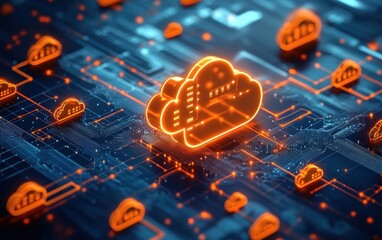 Glowing orange cloud icons hovering over a dark circuit board, connected by illuminated traces and nodes, evoking futuristic energetic digital connectivity and data flow