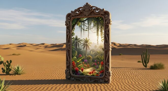 Surreal juxtaposition of desert landscape and a lush tropical scene within a frame showcasing - Powered by Adobe