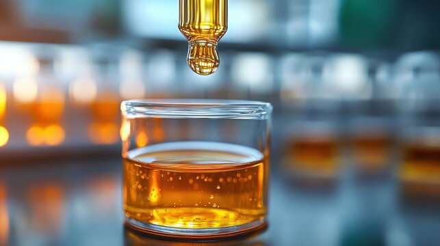Close-up of glass vial filled with amber liquid as a dropper releases a golden droplet above, warm glow and focused, meticulous laboratory mood
