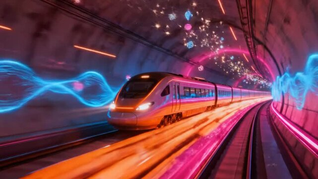 Modern subway train passing through tunnel with colorful abstract digital particles