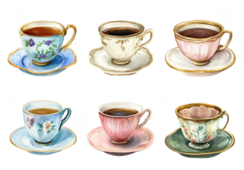 A beautifully arranged collection of vintage tea cups with intricate floral designs and elegant saucers. various colors and styles. perfect for a charming tea party setting