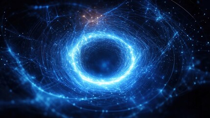 Mysterious glowing blue energy vortex with a luminescent ring of swirling filaments, light trails and particle points surrounding a dark central void, evoking awe and wonder