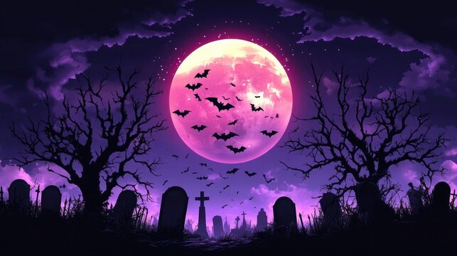 Moonlit graveyard with silhouetted tombstones, crosses and leafless trees; bats flying across a glowing pink full moon in a purple sky, eerie and haunting atmosphere