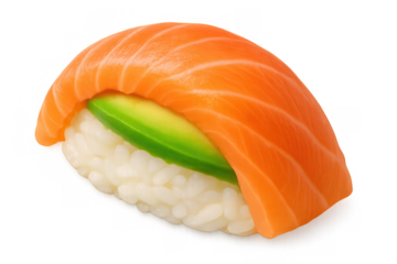 Salmon nigiri with avocado, fresh japanese sushi meal, isolated over a transparent background