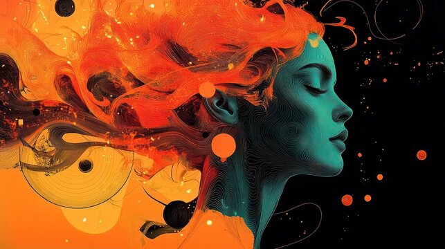 Fiery orange and teal abstract cosmic flow with swirling lines, circular orbs and energetic motion