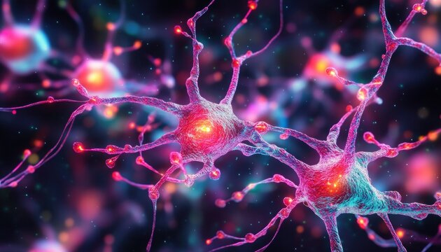 glowing neurons with branching dendrites and active synapses emitting pulsating electric signals in vibrant neon colors, dynamic energetic neural activity