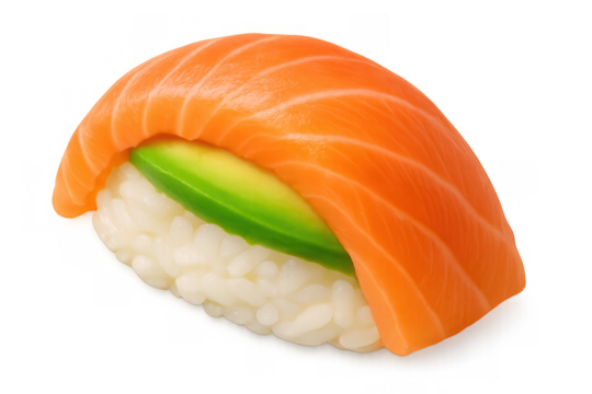 Salmon nigiri with avocado, fresh japanese sushi meal, isolated over a transparent background