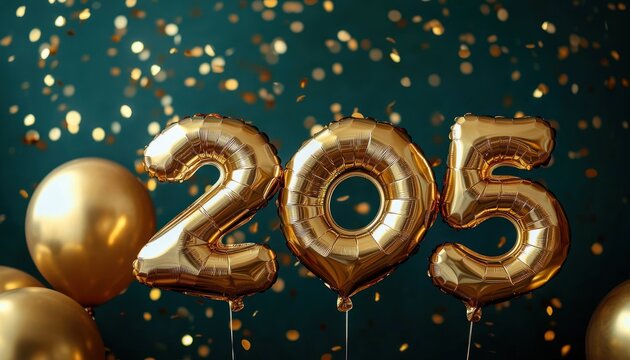 Three shiny gold foil number balloons reading 205 surrounded by round gold balloons and falling gold confetti on a teal background creating a joyful festive atmosphere