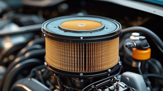 Round pleated cylindrical air filter mounted on a polished car engine with hoses and metal components, conveying precision and pride