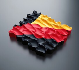 Glossy wavy three-dimensional panel with black, red and gold horizontal stripes, ruffled topography and reflective surface evoking modern dynamic energy