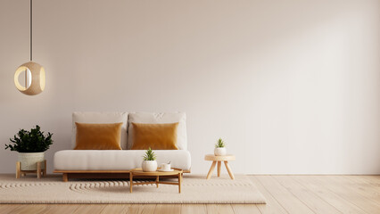 Naklejka na ściany i meble Minimal cozy living room featuring a white sofa with warm brown cushions, wooden tables, indoor plants, and a modern pendant lamp- 3D rendering