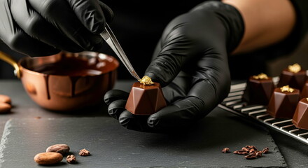 A chocolatier in black gloves meticulously adds edible gold leaf to a gourmet chocolate praline with tweezers. An artisan, luxury confectionery process.
