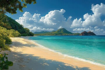 Tranquil tropical beach with soft white sand, turquoise sea, palm trees and lush coastal foliage, distant green mountains and rocky islets beneath dramatic white clouds on a sunny day