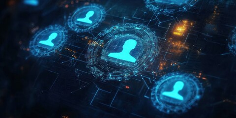 Futuristic digital network showing glowing blue user profile icons inside circular interfaces linked by data lines and orange nodes on a dark background, conveying connectivity and security