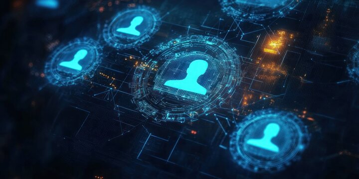 Futuristic digital network showing glowing blue user profile icons inside circular interfaces linked by data lines and orange nodes on a dark background, conveying connectivity and security
