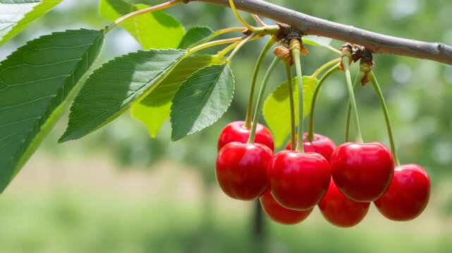 Ripe Red Cherries Hanging on a Branch with Green Leaves cherry fruit