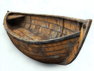Fototapeta premium weathered wooden rowboat with peeling orange paint and curved planked interior, empty and rustic, evoking nostalgia and solitude