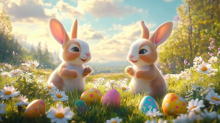 Two joyful baby rabbits smiling and playing among daisies and colorful painted eggs in a sunlit spring meadow under a blue sky