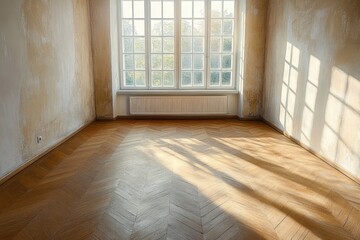 Fototapeta premium Sunlit empty room with chevron hardwood floor, tall divided window and radiator, textured plaster walls casting warm shadows, calm nostalgic atmosphere