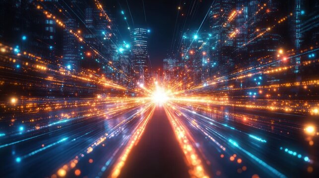 neon city skyline with converging orange and blue light trails and glowing particles racing toward a bright burst, conveying speed, energy and futuristic exhilaration