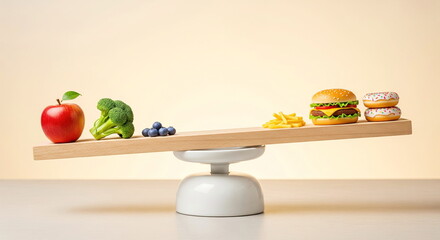 A seesaw scale shows an imbalance between healthy fruits/vegetables and unhealthy junk food like burgers and donuts, representing a diet choice.