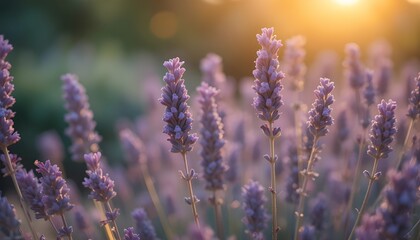 Obraz premium Soft-focus close-up of lavender stems in warm light