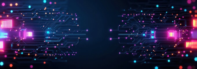 Symmetrical neon circuit clusters with glowing microchips and interconnected nodes on a dark background conveying futuristic energetic digital flow
