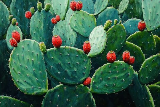 lush green prickly pear cactus pads with bright red ripe fruit, vibrant sunlit scene conveying abundance and tranquil desert vitality