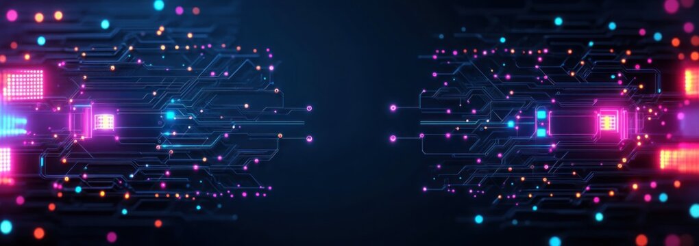 Symmetrical neon circuit clusters with glowing microchips and interconnected nodes on a dark background conveying futuristic energetic digital flow - Powered by Adobe