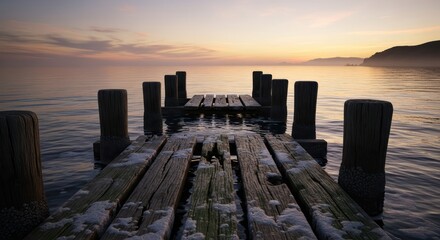 Tranquil waterscape featuring an aged wooden pier stretching towards distant mountains