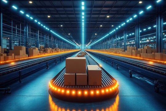futuristic automated warehouse with glowing orange conveyor ring, rows of conveyors and stacked cardboard boxes conveying efficiency and precision