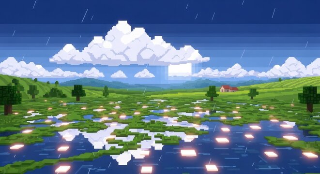 Pixelated rural landscape featuring a rainy day over serene water and lush fields