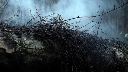 Mossy fallen log draped with tangled dry vines in a misty forest, eerie blue fog and quiet melancholic atmosphere