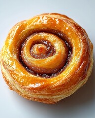 glossy golden cinnamon swirl pastry with flaky layered spiral and sticky caramelized glaze, warm and mouthwatering