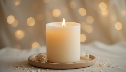 Minimal candle setup with creamy tones and smooth bokeh