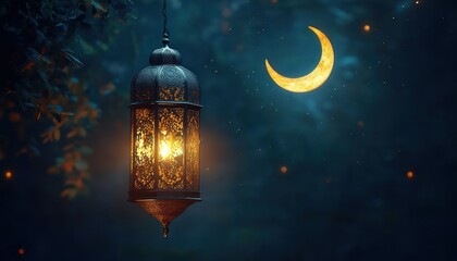 Ornate hanging metal lantern glowing warmly beside a luminous crescent moon in a dark blue night sky with leaves and tiny sparkles, evoking peaceful mystical calm