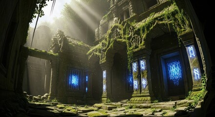 Mystical illuminated runes enhance the allure of an ancient, moss-covered ruin nestled deep within