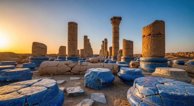Ancient ruins at sunset with weathered columns and vibrant blue bases evoke the grandeur of