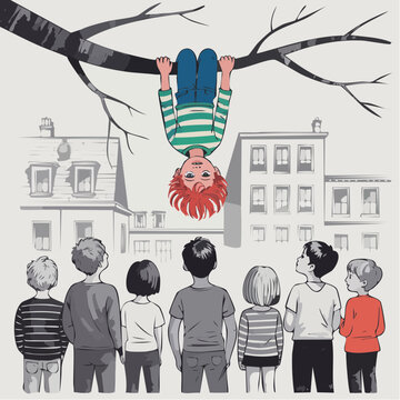 urban childhood interlude with red-haired climber and curious companions under bare-branch sky