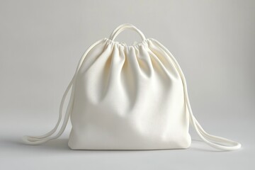 Minimalist soft cream white drawstring pouch with gathered top, long cords and small handle on neutral background conveying calm elegant simplicity