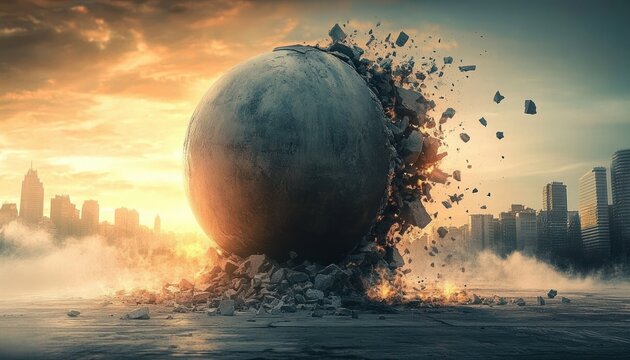 Massive concrete sphere crashes into urban waterfront at sunset, sending debris, fire and smoke across a city skyline in a dramatic apocalyptic scene - Powered by Adobe