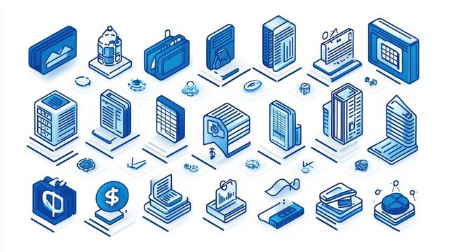 isometric collection of blue technology and finance icons showing servers, databases, documents, charts, devices, wallets and briefcases, conveying a modern, organized, professional efficiency