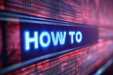 glowing blue HOW TO text on a pixelated LED display with red digital lights and horizontal scanning bars, futuristic and inviting instructional mood