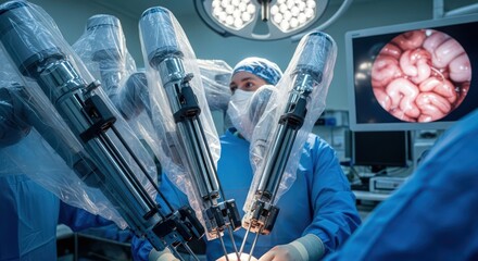 Precision robotic surgery performed by surgeons inside a modern sterile operating room