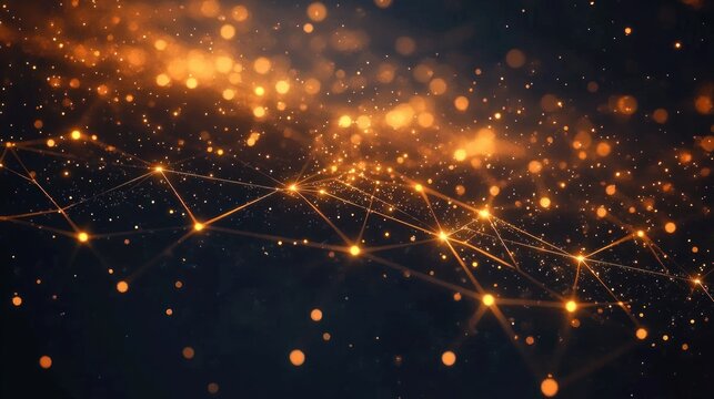 golden network of glowing nodes and connecting lines with floating bokeh lights and sparkling particles, an ethereal and futuristic luminous atmosphere