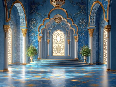 ornate blue and gold ceremonial hall with scalloped arches, gilded columns, patterned reflective floor, central arched lattice window, potted greenery, serene majestic atmosphere