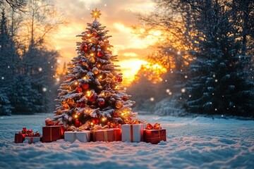 Snow-covered decorated evergreen tree with glowing lights and red ornaments surrounded by wrapped gift boxes in a snowy forest at golden sunset, peaceful festive warmth