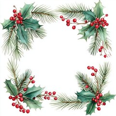 Fototapeta premium watercolor holly and pine corner frame with green leaves, pine needles and clusters of red berries creating a festive warm and cheerful winter greeting border