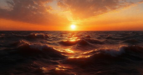 Obraz premium Golden sunset over rolling ocean waves with glowing reflections and a dramatic warm sky, peaceful and awe-inspiring seascape