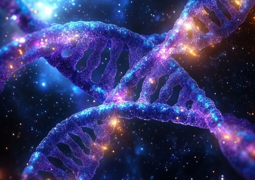 two intertwined glowing dna double helix strands floating in colorful cosmic space with sparkling stars and nebulous lights, evoking wonder and mystery